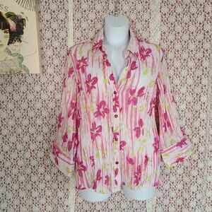 Joanna pink accordian pleat slightly sheer floral button down blouse size 3xl